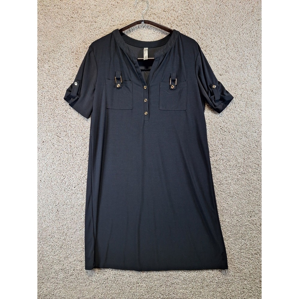 PerSeption Concept A-Line Dress Women's Medium Black Gold Accent Roll Tab Sleeve